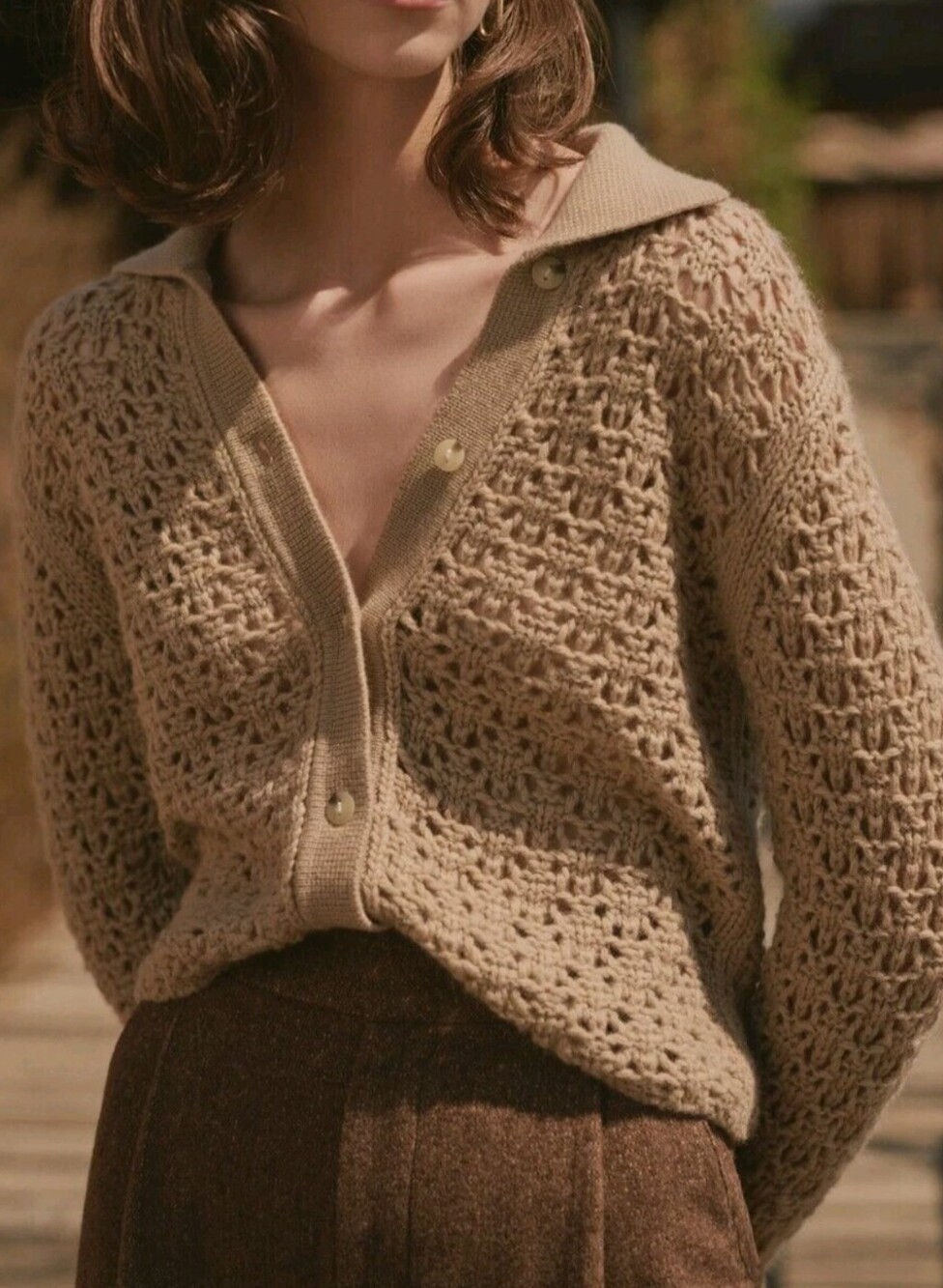 Vince Crochet Button Cardigan in the color amber light Small Wool Cashmere